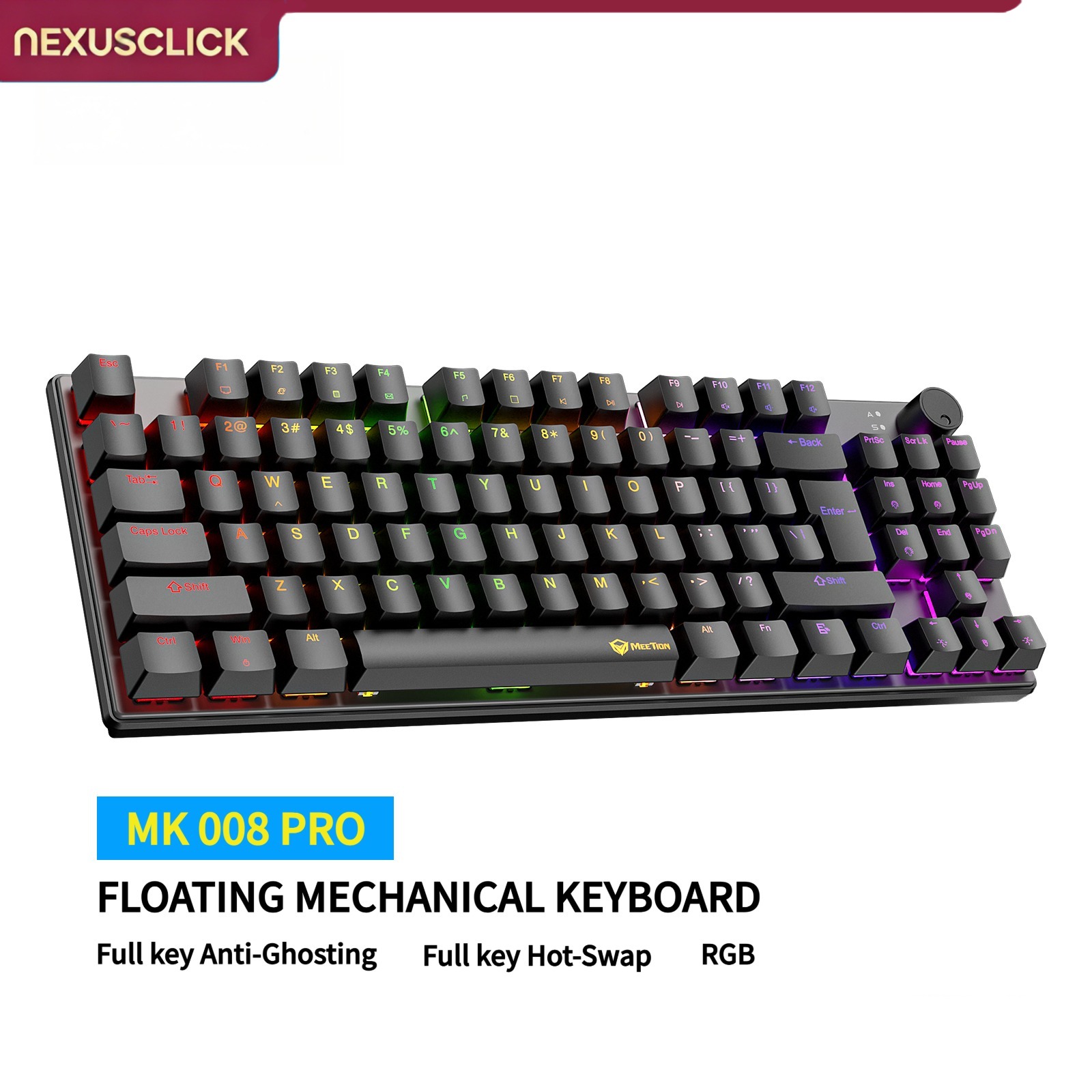 Anti-Ghosting Keyboard - NexusClick 88キー ホットスワップ対応 メカニカルキーボード、RGBバックライト ボリュームノブ搭載 アンチゴースト機能付き