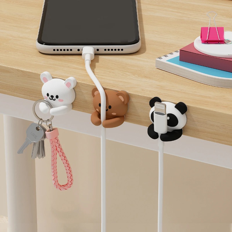 Desk Cable Organizer - かわいい漫画風デスクトップケーブルオーガナイザーマネージャー、粘着式ワイヤーコード管理、イヤホンデータケーブルクリップホルダー