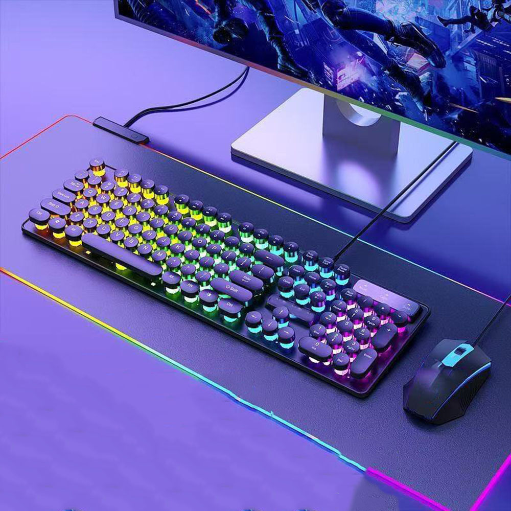 Anti-Ghosting Keyboard - レトロタイプライタースタイルのメタルパネルキーボード - レインボーバックライト、丸型キー、アンチゴースト、防滴、104キーUSB有線、オフィス/ゲーム用