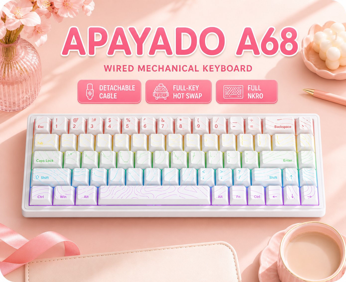 Anti-Ghosting Keyboard - APAYADO A68 有線メカニカルキーボード ホットスワップ対応 ブルーレッドスイッチ 取り外し可能なケーブル