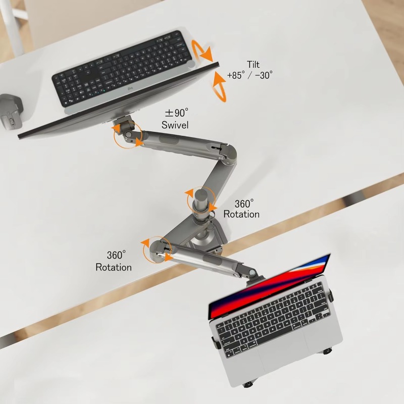 Dual Monitor Arm - デュアルアーム2in1コンボラップトップマウント、10～17インチノートブック用調整可能トレイ付き、17～27インチモニター用VESAプレート付き H180-FP