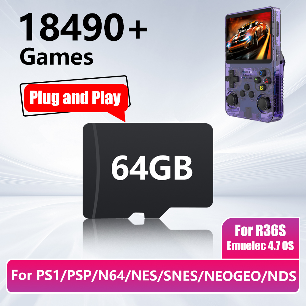 Pc Gaming Emulator - R36Sゲーム機用64GBゲームカード、18490以上のゲームと26種類のエミュレーター搭載（PS1/PSP/N64/NES/SNES/NEOGEO/NDS Emuelec 4.7対応）、プラグアンドプレイ