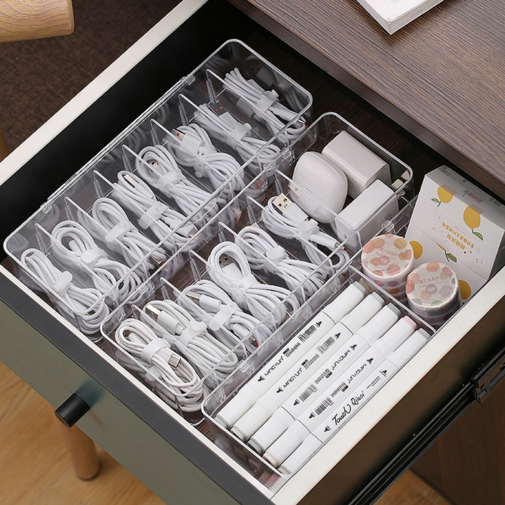 Desk Cable Organizer - 多機能ケーブルオーガナイザー、充電器やイヤホン用のタイ付き透明収納ボックス、省スペースデスク引き出しオーガナイザー