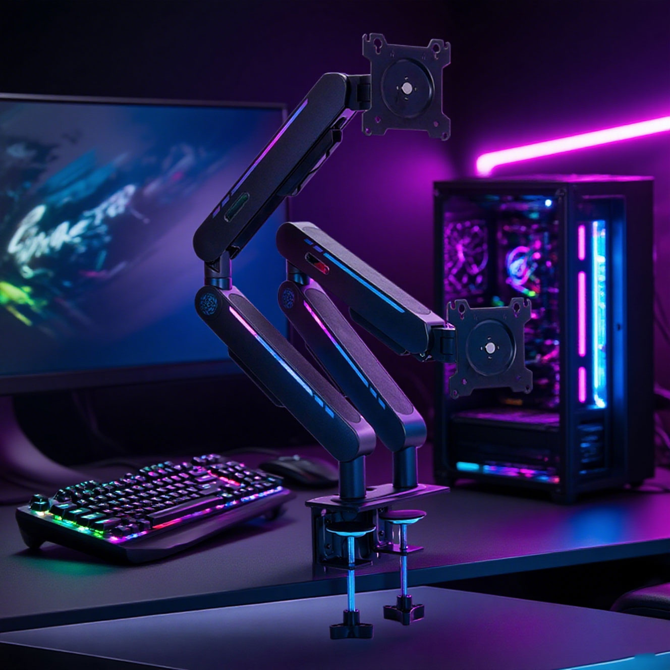 Dual Monitor Arm - 新入荷 ガススプリング式デスクマウントスタンド ほとんどの17インチから32インチのディスプレイに対応 調整可能なVESAデュアルモニターアームブラケット