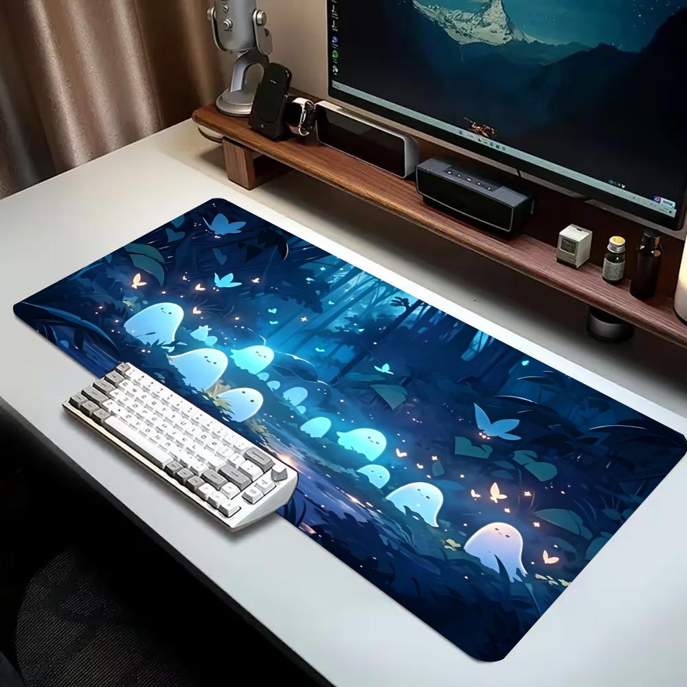 Anti-Ghosting Keyboard - かわいいゴーストダークフォレストプリントゲーミングマウスパッド大型デスクマット滑り止めゴムベースステッチエッジキーボードマットゲーマー向け