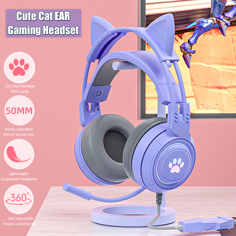 Pc Gaming Y Monitor - マイク付きのかわいい猫の耳のゲーミングヘッドフォン,RGBのノイズリダクション,ピンクの女の子用ヘッドセット,ゲーマー,PS4用アクセサリー,Xbox,電話,PC,子供向けギフト